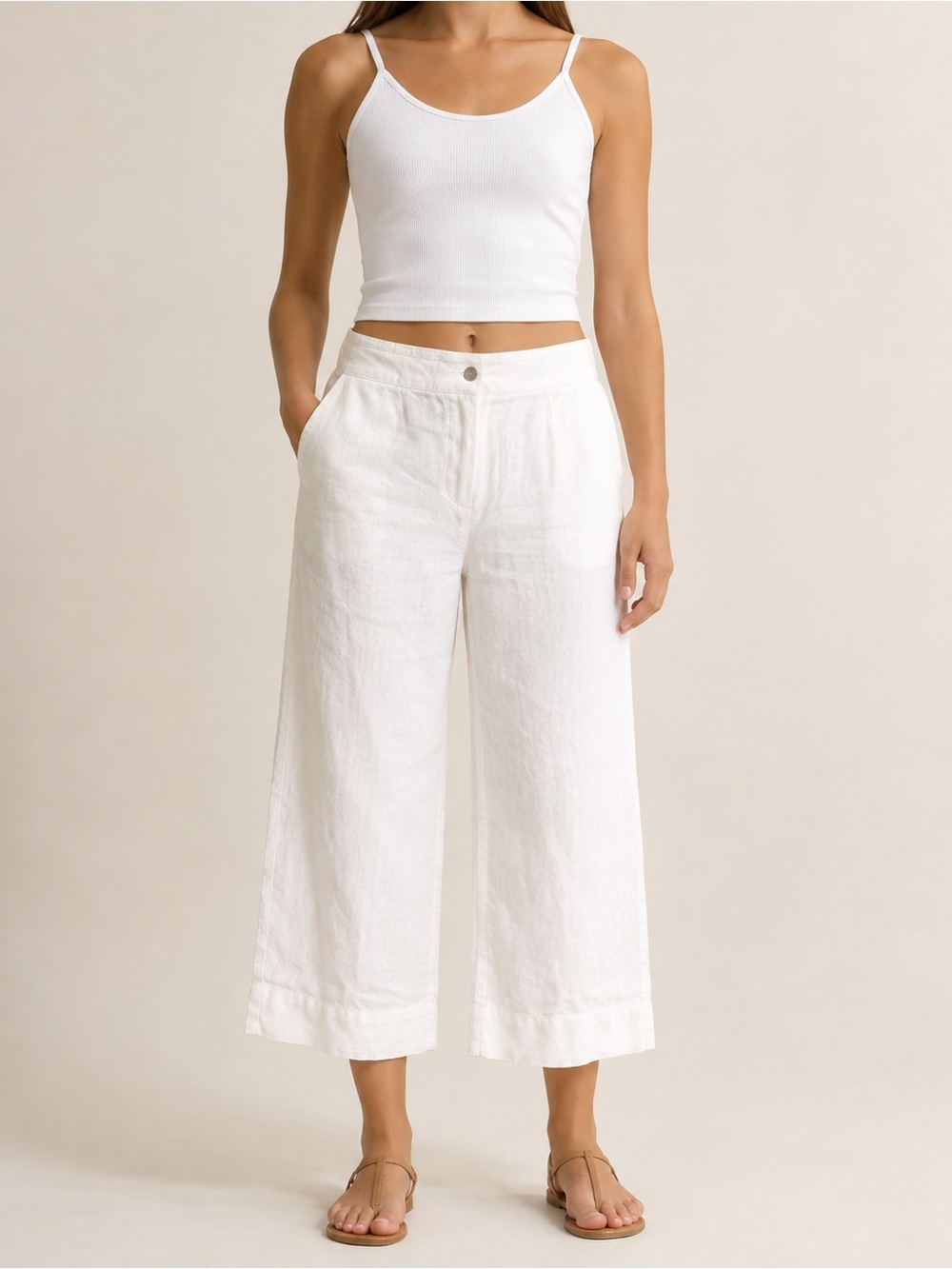 H&M Linen Blend White/Ivory Wide Leg Cropped Pants Coastal 32”